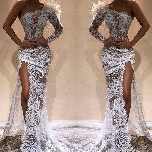 mermaid prom dresses with feathers one shoulder front split lace formal evening gowns sweep train saudi african party gowns plus size, Black
mermaid prom dresses with feathers one shoulder front split lace formal evening gowns sweep train saudi african party gowns plus size, Black