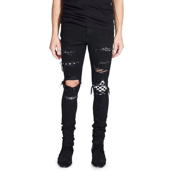 men's jeans high street fashion black color destroyed hip hop men broken punk pants patch skinny ripped for, Blue
men's jeans high street fashion black color destroyed hip hop men broken punk pants patch skinny ripped for, Blue