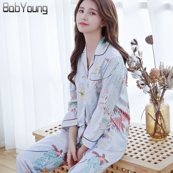 

babyoung summer pyjamas satin silk women pajamas sets pijamas mujer cactus print femme long sleeve sleepwear female loungewear, Blue;gray