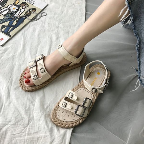2020 new summer net red roman super fire sandals female flat ins tide harajuku fairy style student wild, Black