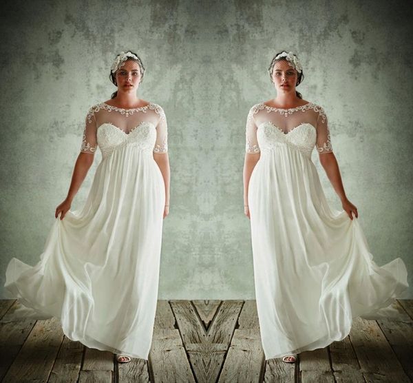 2020 new plus size wedding dresses with half sleeves sheer jewel neck a line lace appliqued bridal gowns chiffon empire waist wedding dress, White
2020 new plus size wedding dresses with half sleeves sheer jewel neck a line lace appliqued bridal gowns chiffon empire waist wedding dress, White