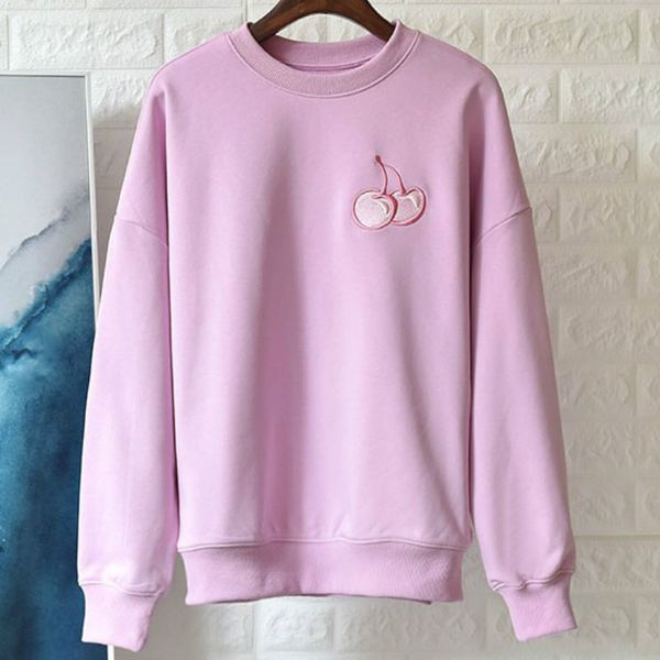 women hoodie cherry embroidered loose sweatshirt, Black