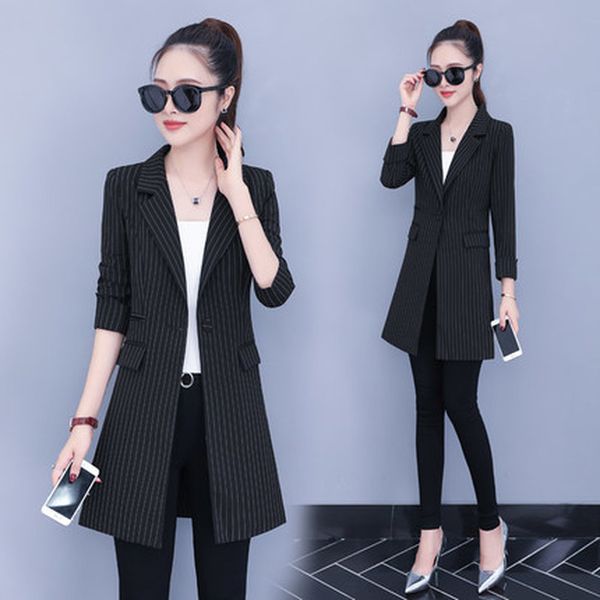 2019 spring and autumn new ladies fashion korean version of the long section slim thin striped casual suit jacket, Black;brown
2019 spring and autumn new ladies fashion korean version of the long section slim thin striped casual suit jacket, Black;brown