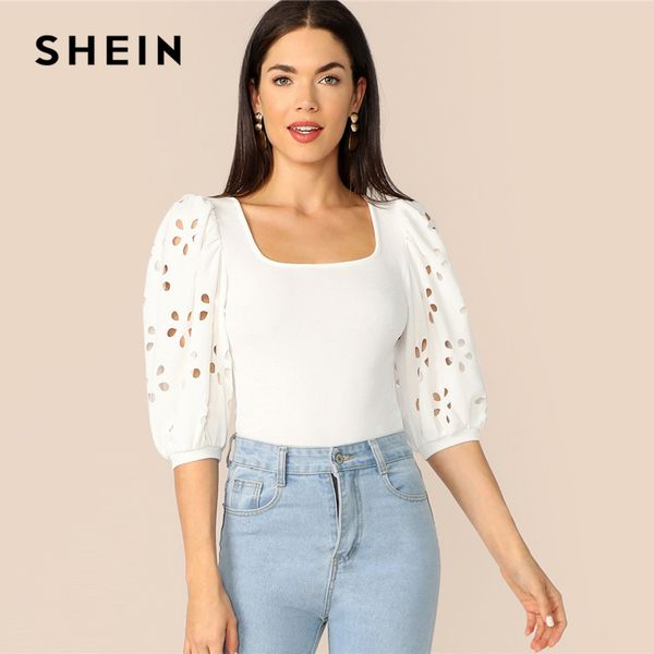 

shein elegant white laser cut lantern sleeve fitted scoop neck blouse women summer 3/4 length sleeve solid workwear blouses