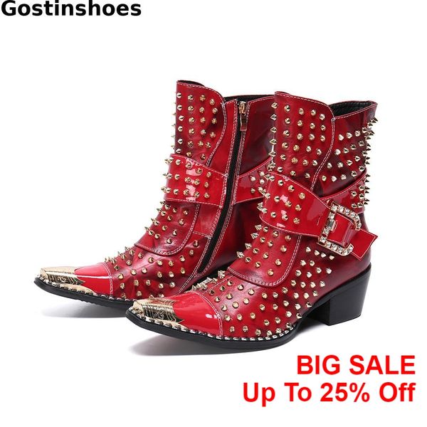 new fashion red boots genuine leather rivets buckle strap men short boots pointed metal cap toe height increased ankle men, Black 
new fashion red boots genuine leather rivets buckle strap men short boots pointed metal cap toe height increased ankle men, Black