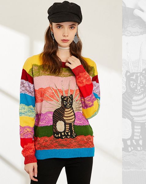 2020 lace long sleeve rainbow stripes pullover sweater cat embroidery autumn women sweaters winter warm sweater long sleeve knit sweaters, White;black
2020 lace long sleeve rainbow stripes pullover sweater cat embroidery autumn women sweaters winter warm sweater long sleeve knit sweaters, White;black