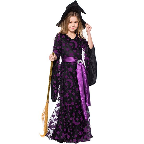 halloween girls purple witch costumes 5 pieces in one dress with hat belt buckle girl carnival party cosplay fancy dress, Black;red 
halloween girls purple witch costumes 5 pieces in one dress with hat belt buckle girl carnival party cosplay fancy dress, Black;red
