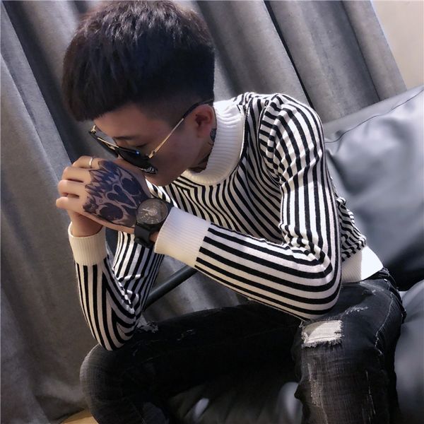 men's turtleneck sweater autumn korean slim spiritual guy handsome tide brand striped sweater men, White;black
men's turtleneck sweater autumn korean slim spiritual guy handsome tide brand striped sweater men, White;black