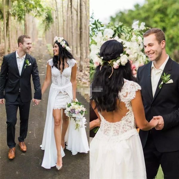 short country wedding dresses removable skirt wedding gowns full lace v-neck cap sleeves backless vintage boho bridal dress, White
short country wedding dresses removable skirt wedding gowns full lace v-neck cap sleeves backless vintage boho bridal dress, White