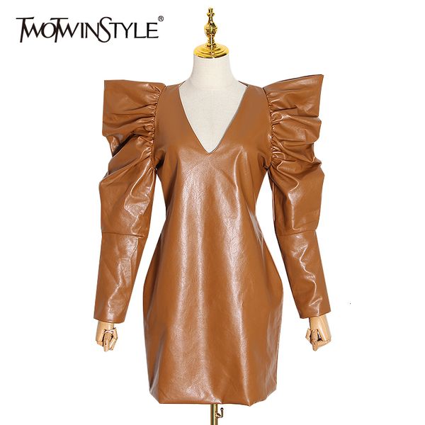 twotwinstyle vintage pu leather dresses for female v neck puff sleeve high waist ruched women's dress 2019 fashion clothing tide, Black;gray
twotwinstyle vintage pu leather dresses for female v neck puff sleeve high waist ruched women's dress 2019 fashion clothing tide, Black;gray