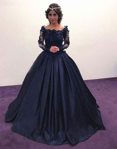 navy blue scoop neck evening prom dresses with long sleeves handmade flowers appliques lace beaded sequins formal ball gowns, Black;red
navy blue scoop neck evening prom dresses with long sleeves handmade flowers appliques lace beaded sequins formal ball gowns, Black;red