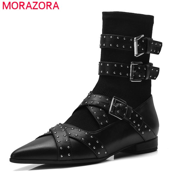 morazora 2019 women ankle boots genuine leather rivet buckle elastic socks boots pointed toe punk casual shoes woman, Black
morazora 2019 women ankle boots genuine leather rivet buckle elastic socks boots pointed toe punk casual shoes woman, Black