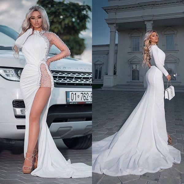 high split mermaid prom dresses crystals high neck luxury evening gowns long sleeve sweep train special occasion dress, Black
high split mermaid prom dresses crystals high neck luxury evening gowns long sleeve sweep train special occasion dress, Black