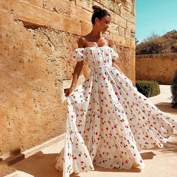 lady women off shoulder polka dot maxi dress summer beach party ruffle sundress, White;black
lady women off shoulder polka dot maxi dress summer beach party ruffle sundress, White;black