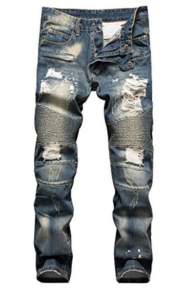 

nitagut men's ripped slim straight fit biker jeans with zipper deco, Blue