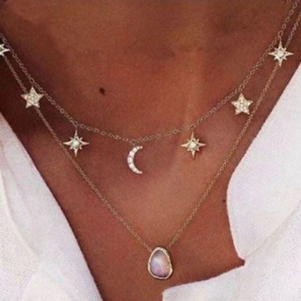 maxi simple gemstone pendant with five-pointed star diamond double-layer necklace, Silver
maxi simple gemstone pendant with five-pointed star diamond double-layer necklace, Silver