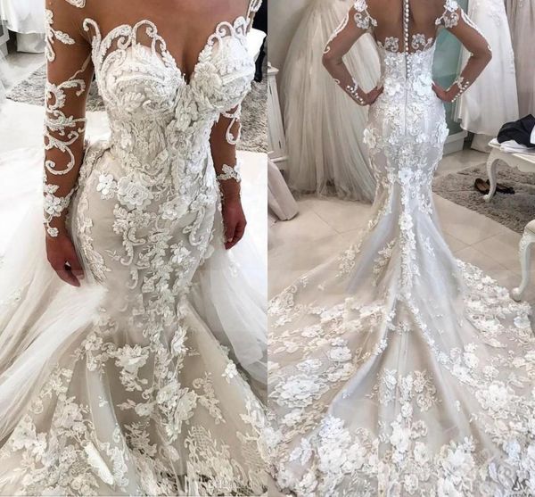 2020 luxury 3d flowers long sleeves mermaid african wedding dresses with detachable train vintage sheath plus size bridal gown, White
2020 luxury 3d flowers long sleeves mermaid african wedding dresses with detachable train vintage sheath plus size bridal gown, White