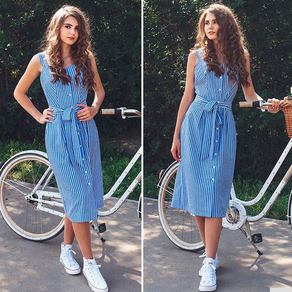 blue striped bow bandage dress 2020 summer sleeveless strap shirt dress single-breasted elegant women party vestidos, Black;gray
blue striped bow bandage dress 2020 summer sleeveless strap shirt dress single-breasted elegant women party vestidos, Black;gray