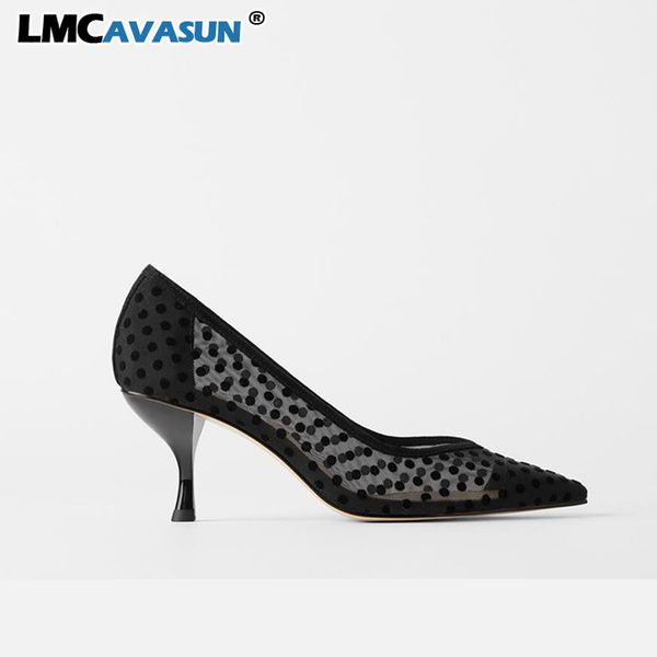 lmcavasun spring dot mesh women dress shoes low thin heel pointed toe women pumps, Black