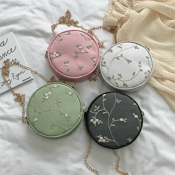 womens fashion flower emboroidery small round bag wide shoulder strap handbag messenger bags