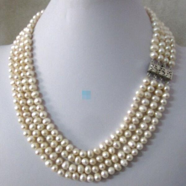 beautiful 18-21" 7-8mm white 4row freshwater pearl necklace strand jewelry, Silver 
beautiful 18-21" 7-8mm white 4row freshwater pearl necklace strand jewelry, Silver