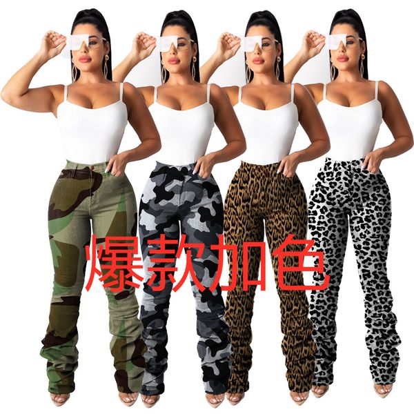 classic camouflage elastic pleated jeans women jeans, Blue