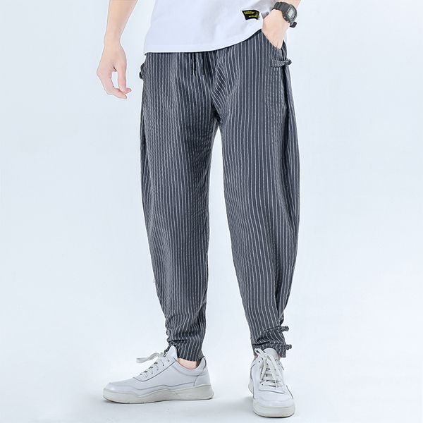 men's casual loose striped cropped pants 2020 summer hip hop streetwear elastic waist chinese style cotton linen casual pants, Black
men's casual loose striped cropped pants 2020 summer hip hop streetwear elastic waist chinese style cotton linen casual pants, Black