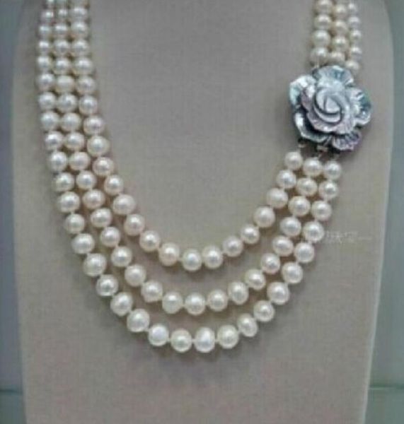 n2039 triple strands 7-8mm natural australian south sea white pearl necklace, Silver 
n2039 triple strands 7-8mm natural australian south sea white pearl necklace, Silver