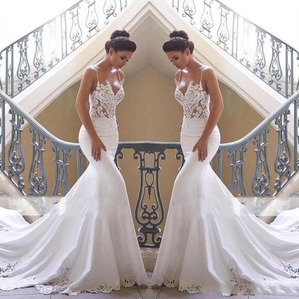 2019 New Spaghetti Straps Lace Mermaid Wedding Dresses Satin Lace Applique Sweep Train Wedding Bridal Gowns 
2019 New Spaghetti Straps Lace Mermaid Wedding Dresses Satin Lace Applique Sweep Train Wedding Bridal Gowns