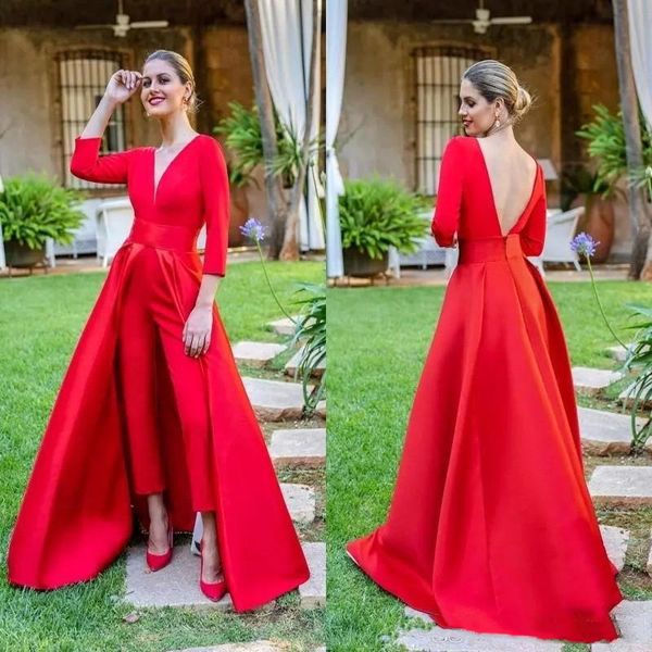 red deep v neck jumpsuit evening dresses 2019 long sleeves ruched backless floor length formal party prom dresses with over skirts p033, Black
red deep v neck jumpsuit evening dresses 2019 long sleeves ruched backless floor length formal party prom dresses with over skirts p033, Black