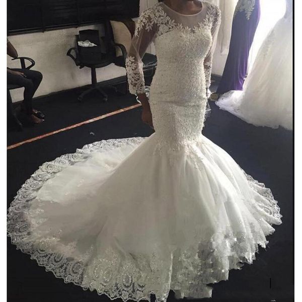 african long sleeves lace mermaid wedding dresses 2020 with beaded appliques sweep train lace up tulle wedding bridal gowns, White
african long sleeves lace mermaid wedding dresses 2020 with beaded appliques sweep train lace up tulle wedding bridal gowns, White