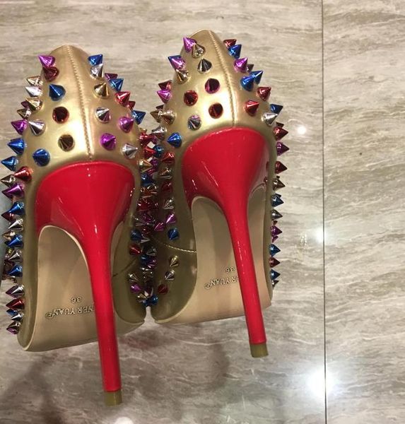 with box size 34 to 42 red bottom high heels dress shoes gold rivets spike designer pumps, Black
with box size 34 to 42 red bottom high heels dress shoes gold rivets spike designer pumps, Black
