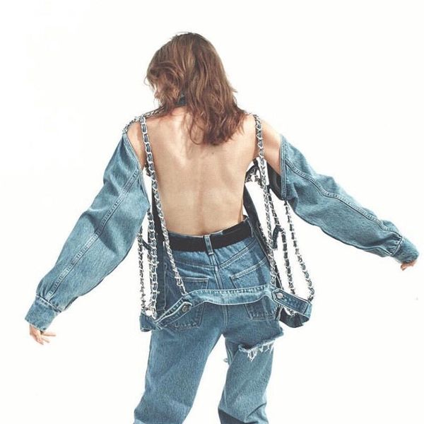 women's jackets summer women chains patchwork denim jacket lapel long sleeve backless coat button hollow out, Black;brown
women's jackets summer women chains patchwork denim jacket lapel long sleeve backless coat button hollow out, Black;brown