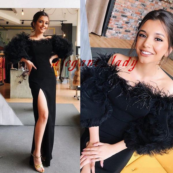 black feather mermaid occasion evening party dresses slit off shoulder fur floor length arabic dubai prom gown
black feather mermaid occasion evening party dresses slit off shoulder fur floor length arabic dubai prom gown