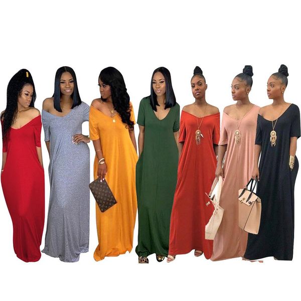 women s solid loose shoulder short sleeve pocket casual maxi dress summer women designer dress, Black;gray
women s solid loose shoulder short sleeve pocket casual maxi dress summer women designer dress, Black;gray