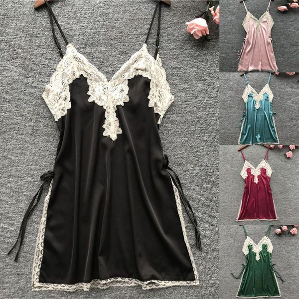 deep v lace nightdress erotic lingerie perspective satin women's nightgown plus size sleepwear high split sleep dress, Black;red
deep v lace nightdress erotic lingerie perspective satin women's nightgown plus size sleepwear high split sleep dress, Black;red
