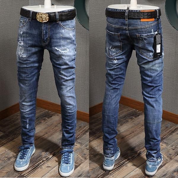 male faded wash distressed jeans paint spot detail dd embroidery denim cotton for man, Blue
male faded wash distressed jeans paint spot detail dd embroidery denim cotton for man, Blue