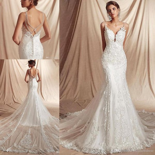 2020 spaghetti straps lace mermaid beach wedding dresses tulle applique beaded sweep train boho wedding bridal gowns robes de mariée bc2403, White
2020 spaghetti straps lace mermaid beach wedding dresses tulle applique beaded sweep train boho wedding bridal gowns robes de mariée bc2403, White