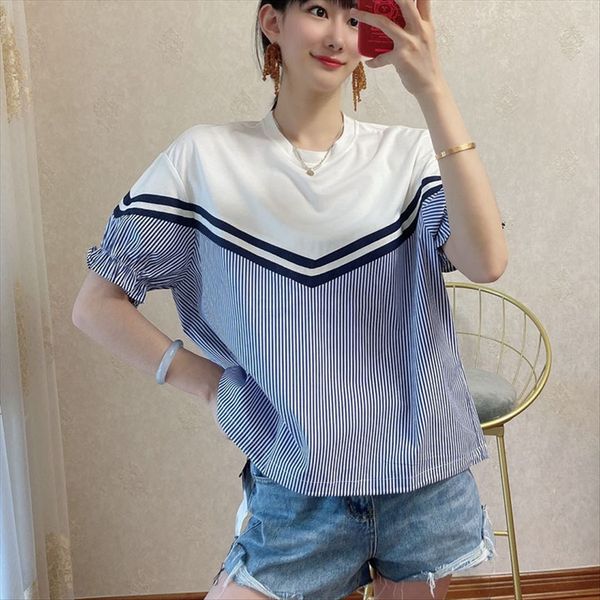 2020 loose round collar contrast color stitched striped women's thin shirt shirt all-match top, White
2020 loose round collar contrast color stitched striped women's thin shirt shirt all-match top, White