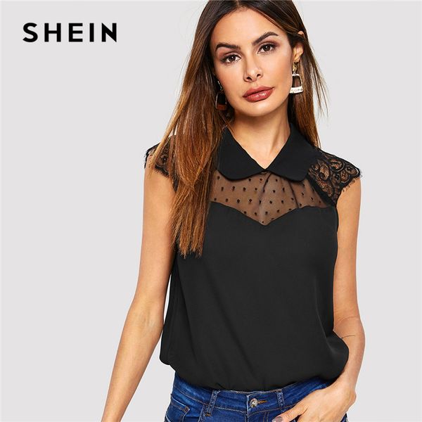 

shein black mesh and lace insert shell laple solid blouse casual short sleeve women summer plain workwear and blouses, White