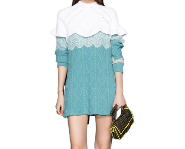 long lotus edge dress knitted sweater with lace stitching contrast sweater knit long pullover women, White;black
long lotus edge dress knitted sweater with lace stitching contrast sweater knit long pullover women, White;black