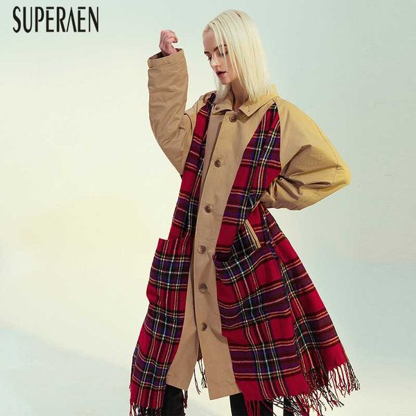 superaen plaid stitching trench coat for women autumn and spring new 2020 ladies widbreakers cotton fashion women clothing, Tan;black