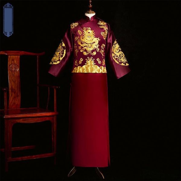 wedding bridegroom men satin costume embroidery dragon evening party gowns oriental classic noble cheongsam mandarin collar, Red 
wedding bridegroom men satin costume embroidery dragon evening party gowns oriental classic noble cheongsam mandarin collar, Red