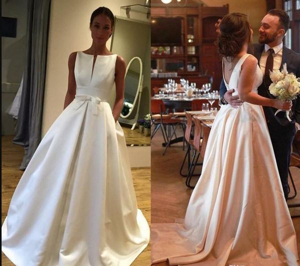 2019 elegant satin a line wedding dresses bateau sleeveless keyhole v backless sash pockets pleats sweep long plus size bridal gowns, White
2019 elegant satin a line wedding dresses bateau sleeveless keyhole v backless sash pockets pleats sweep long plus size bridal gowns, White