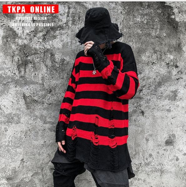 european and american vintage punk rock style red and black stripes loose long broken fringe sweater, White;black
european and american vintage punk rock style red and black stripes loose long broken fringe sweater, White;black