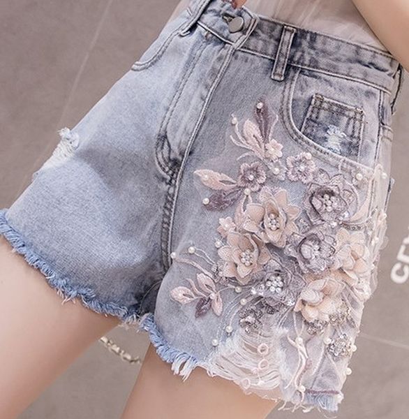 sequined denim shorts high waist hole purple flowers lace embroidery summer fashion women cowboy shorts pearl ripped jeans, Blue
sequined denim shorts high waist hole purple flowers lace embroidery summer fashion women cowboy shorts pearl ripped jeans, Blue