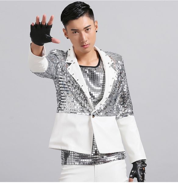 man white sequins pu leather rivet jacket long sleeve punk rock bling club singers dj show band dance costumes, Black
man white sequins pu leather rivet jacket long sleeve punk rock bling club singers dj show band dance costumes, Black