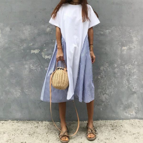 summer korean chic stripe stitching women dress casual round neck short sleeve mid-calf lazy loose dress, Black;gray
summer korean chic stripe stitching women dress casual round neck short sleeve mid-calf lazy loose dress, Black;gray