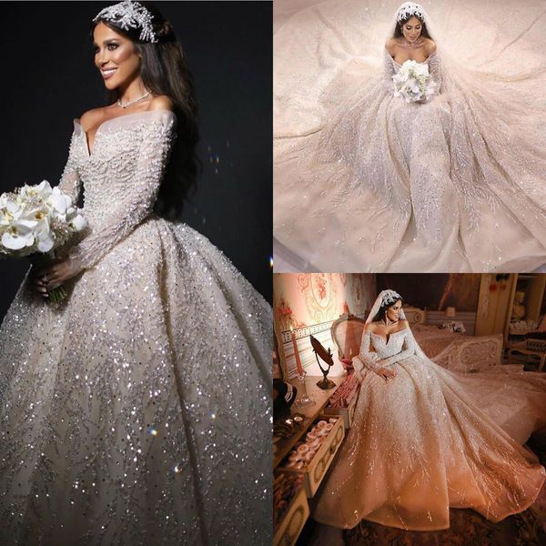 2020 luxury beaded wedding dresses lace sequins off the shoulder long sleeve church wedding gowns custom made plus size robe de mariage, White
2020 luxury beaded wedding dresses lace sequins off the shoulder long sleeve church wedding gowns custom made plus size robe de mariage, White