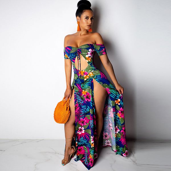women boho long dress off shoulder floral leaves printed high split cutout 2019 summer beach holiday maxi dress vestidos, Black;pink
women boho long dress off shoulder floral leaves printed high split cutout 2019 summer beach holiday maxi dress vestidos, Black;pink